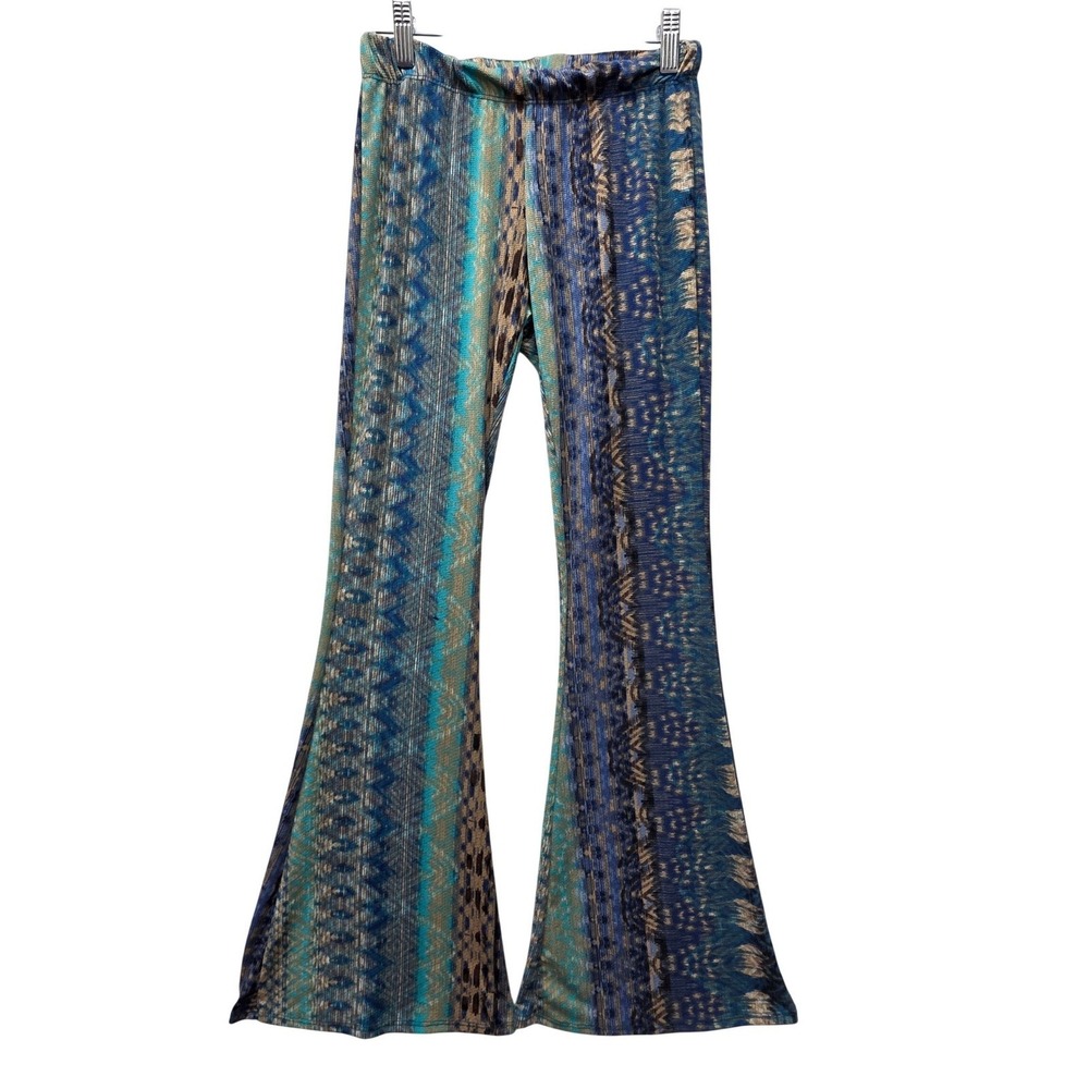 Persaya Womens Blue Gold Ikat Geometric Flare Bell Bottom Pants Boho Small